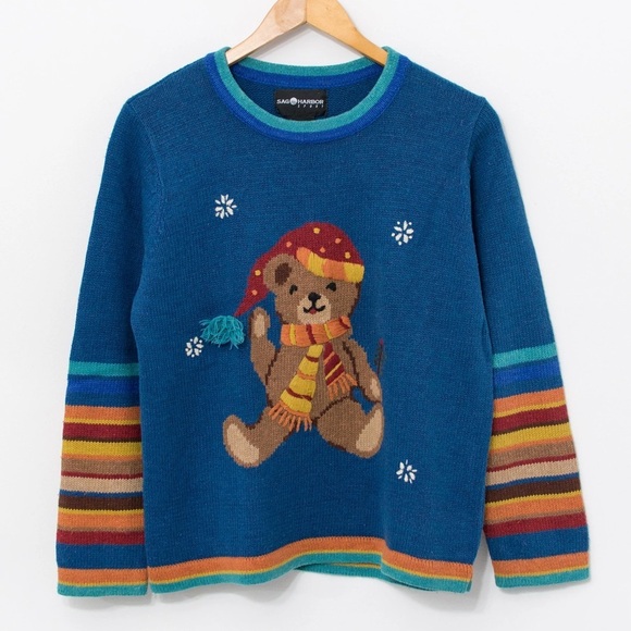Vintage Sag Harbor Sport Crewneck Sweater Blue Teddy Bear L - Picture 1 of 12
